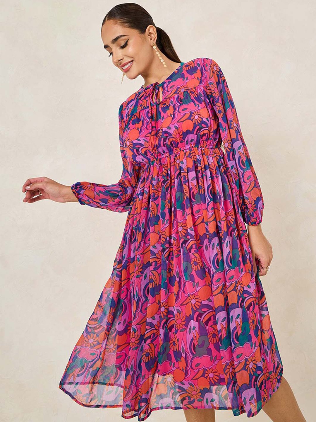 

Styli Women Floral Printed A-Line Midi Dress, Pink