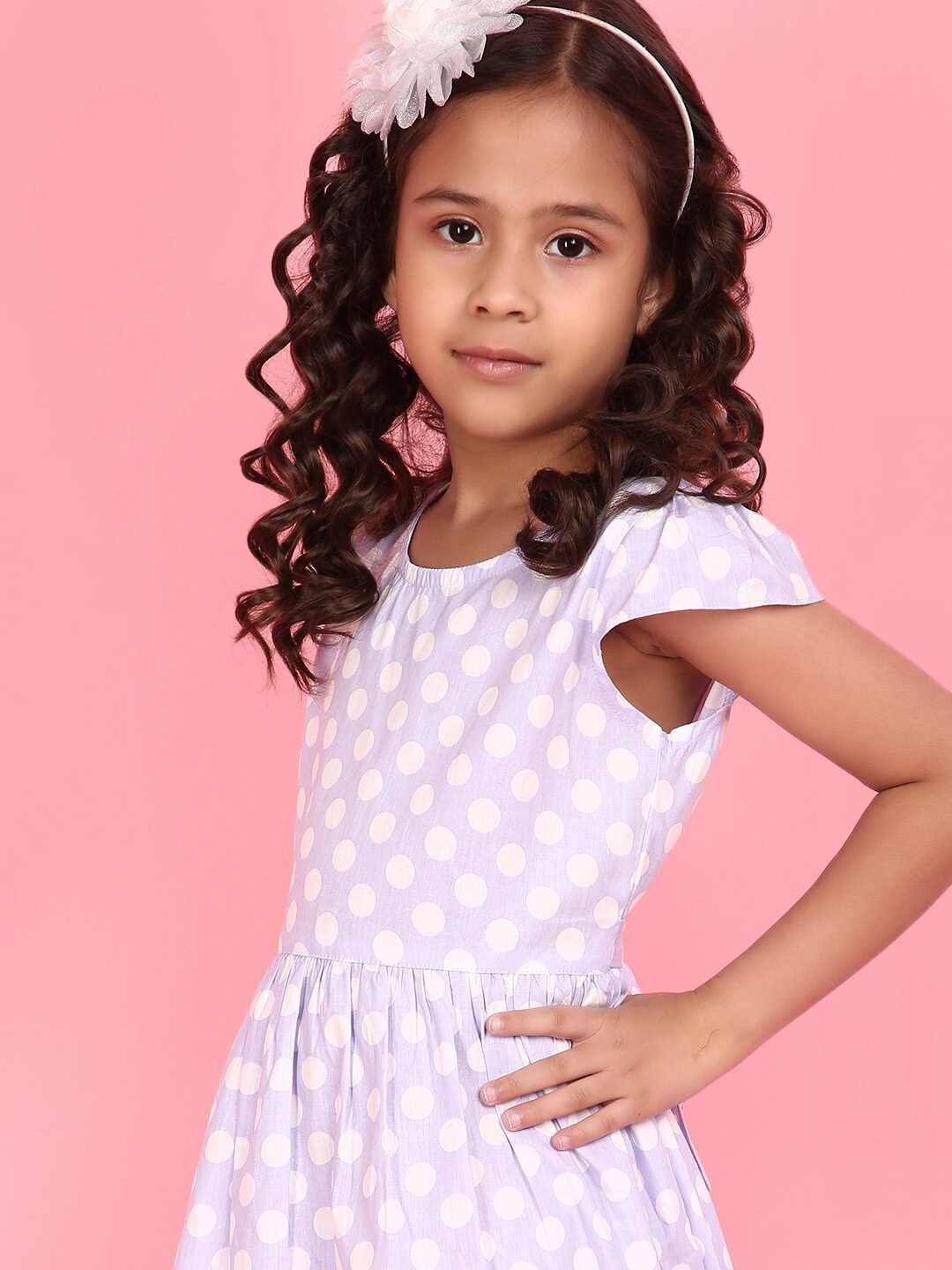 

V-Mart Girls Polka Dot Printed Gathered Cotton A-Line Dress, Lavender