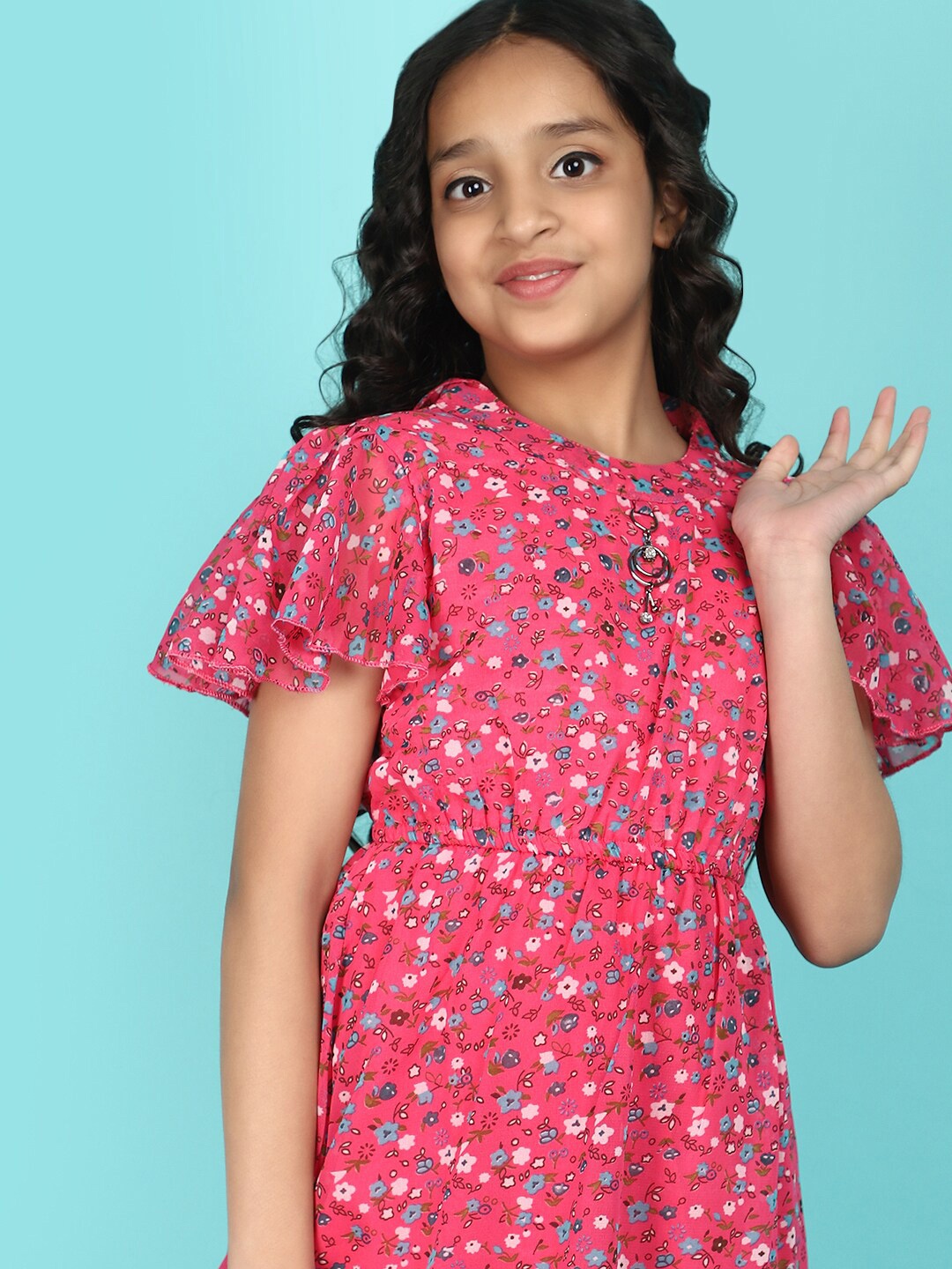 

V-Mart Floral Print Flutter Sleeve Round Neck Georgette Fit & Flare Dress, Fuchsia