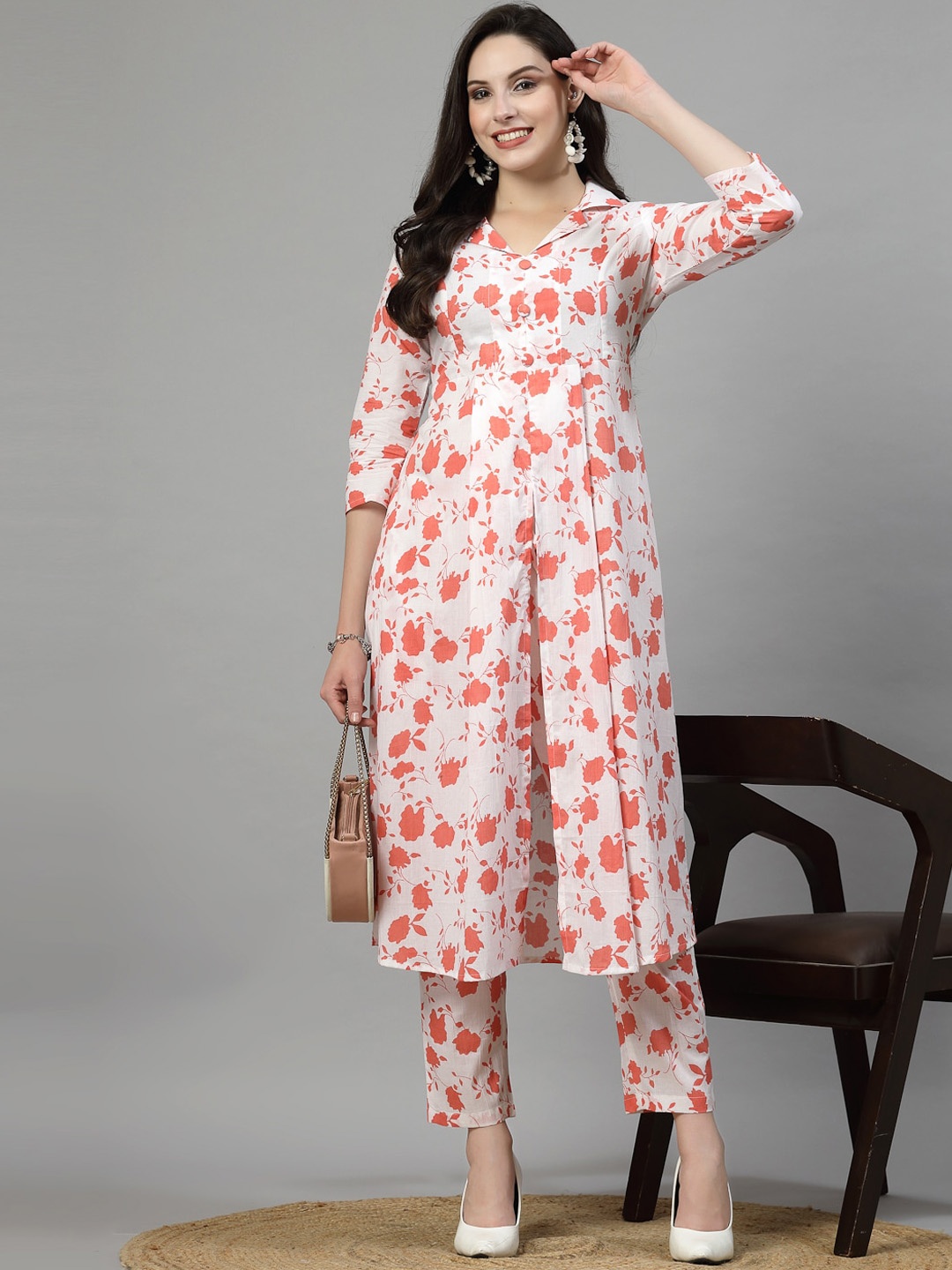 

SkyaSia Shirt Collar Floral Printed Pure Cotton A Line Kurta with Trouser, Orange