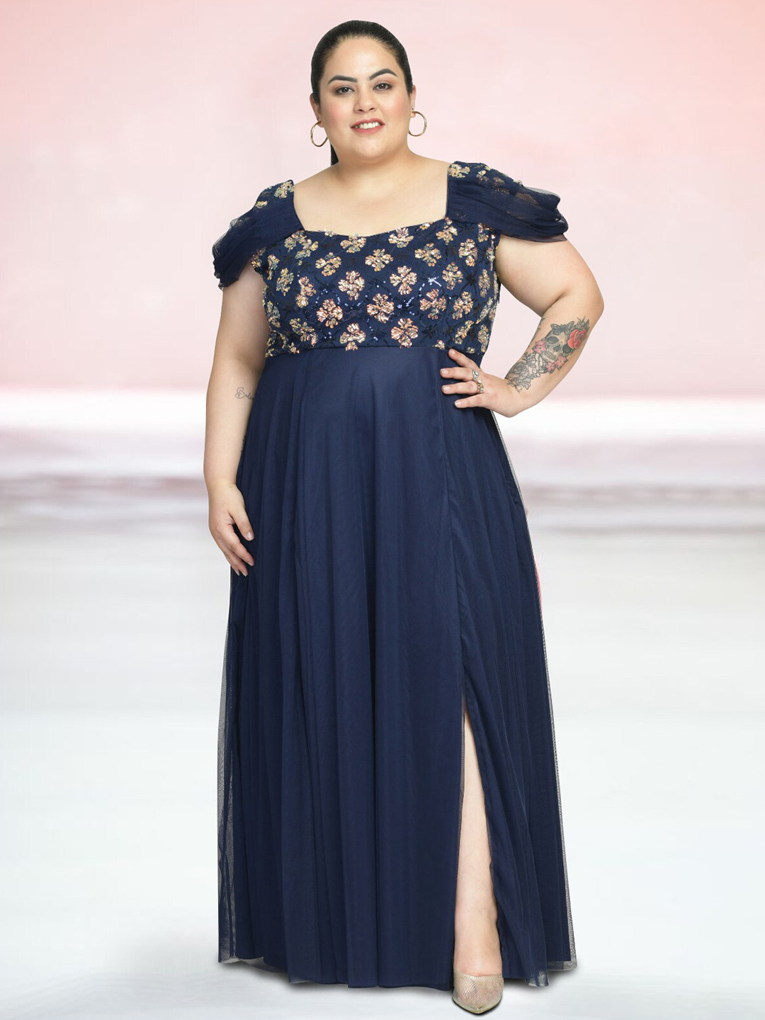 

wild U Plus Size Embellished Square Neck Net Maxi Dress, Blue