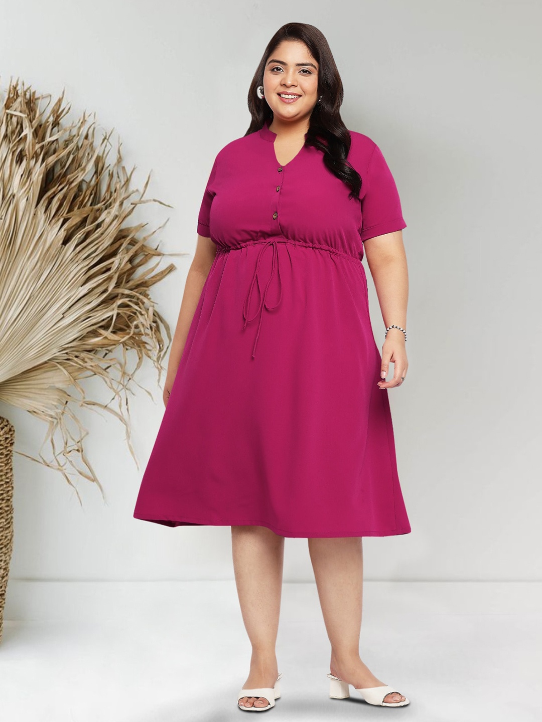 

wild U Plus Size Mandarin Collar Fit & Flare Dress, Pink