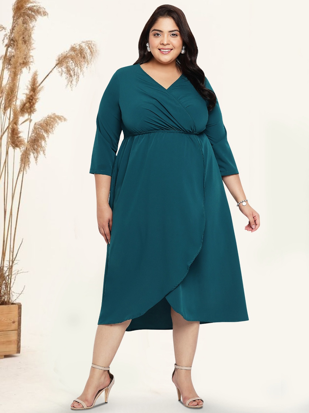 

wild U Plus Size V-Neck Wrap Midi Dress, Green