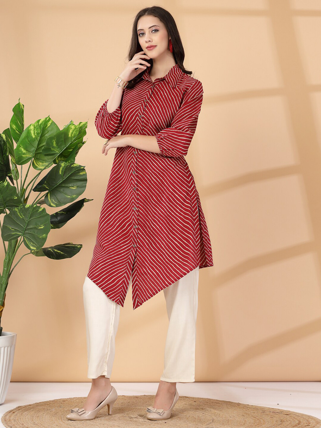 

Nayam By Lakshita Striped Shirt Collar Tunic, Red