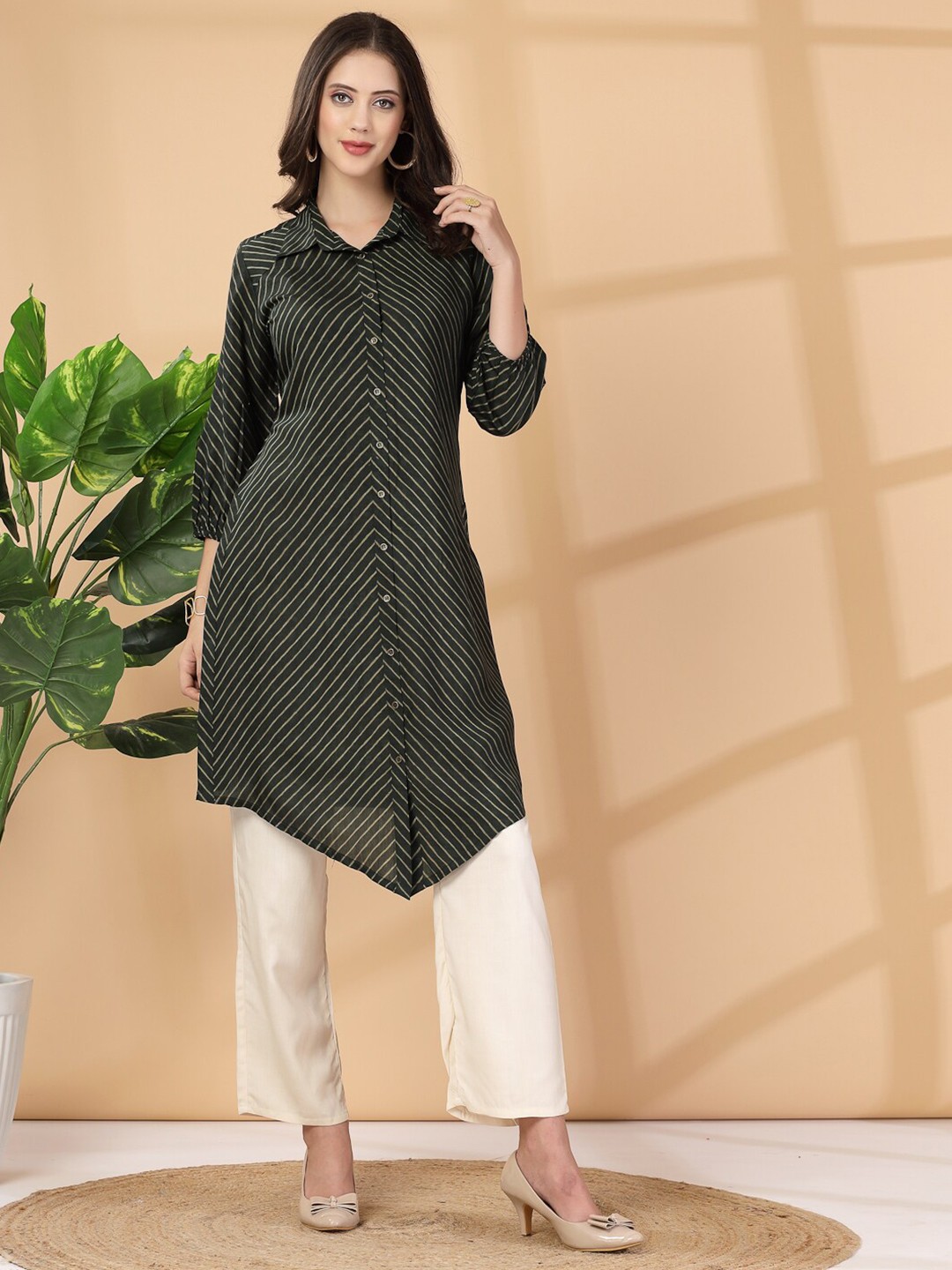 

Nayam By Lakshita Striped Shirt Collar Tunic, Green