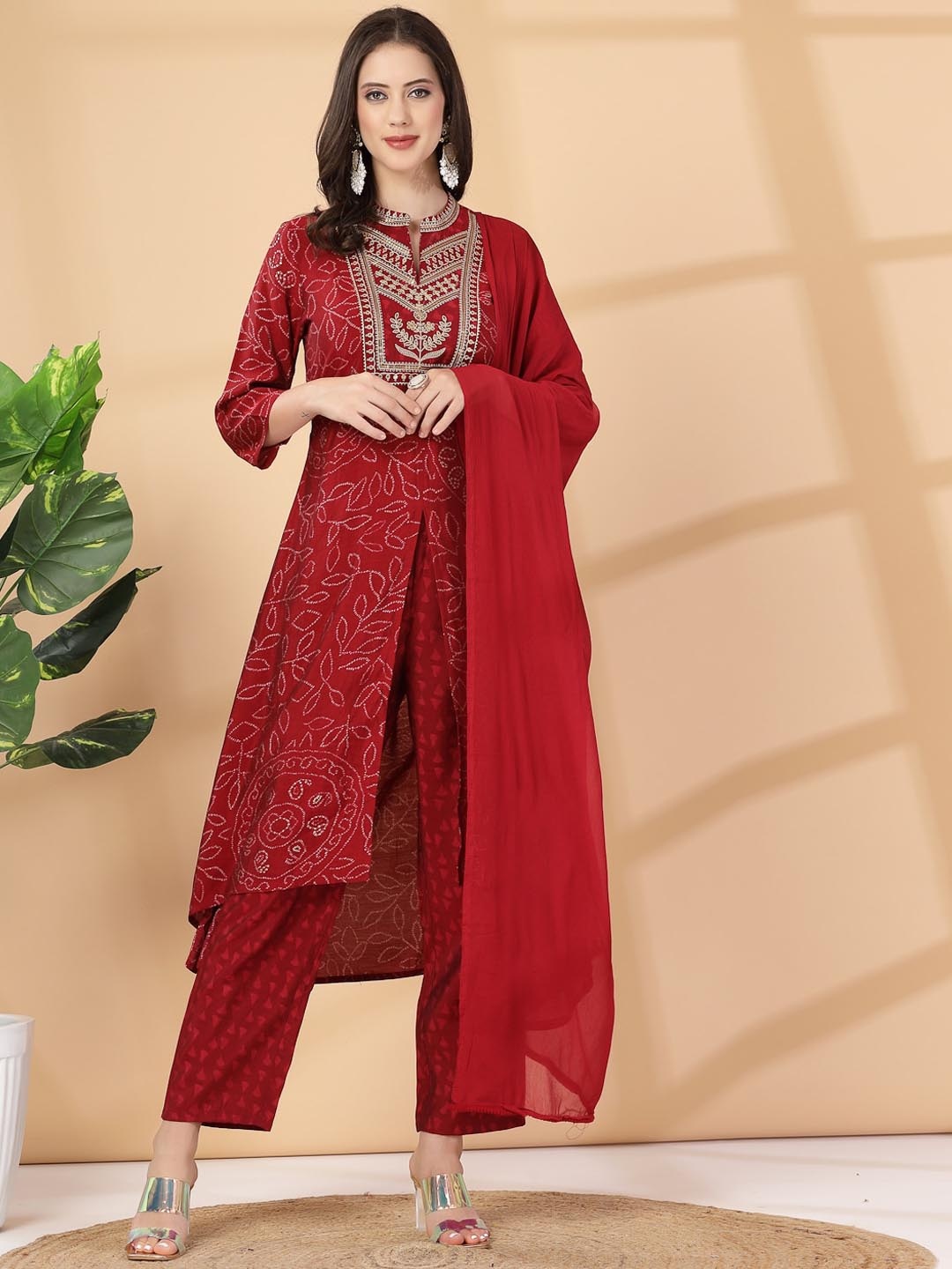 

Nayam By Lakshita Bandhani Embroidered Chanderi Cotton Kurta with Palazzos & Dupatta, Red