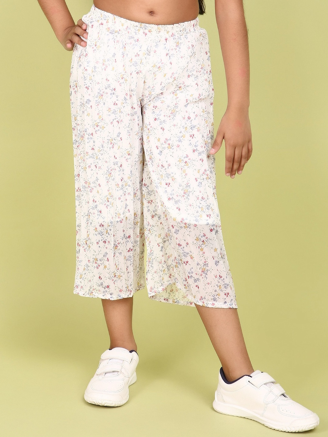 

V-Mart Girls Floral Printed Georgette Loose Fit Culotte Trouser, Off white