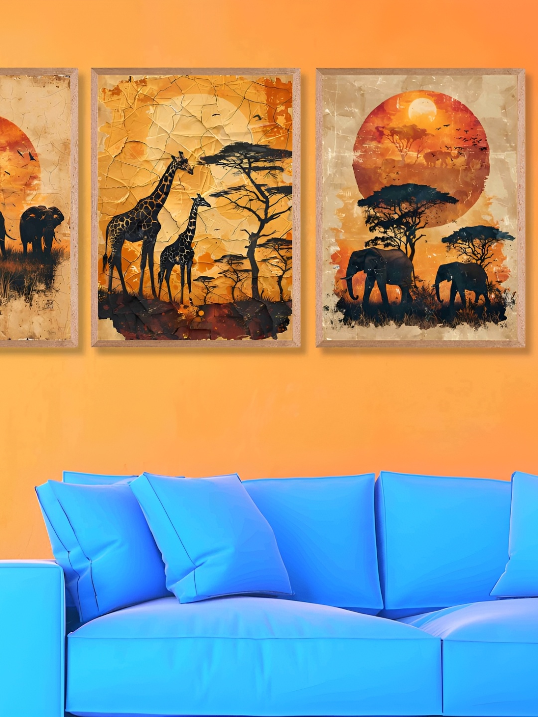 

SAF Beige & Orange 3 Piece Synthetic Wooden Birds and Animals Paintings Wall Art