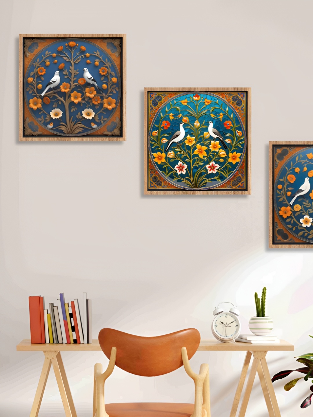 

SAF Green & Orange 3 Pieces Synthetic Wooden Birds and Animals Paintings Wall Art