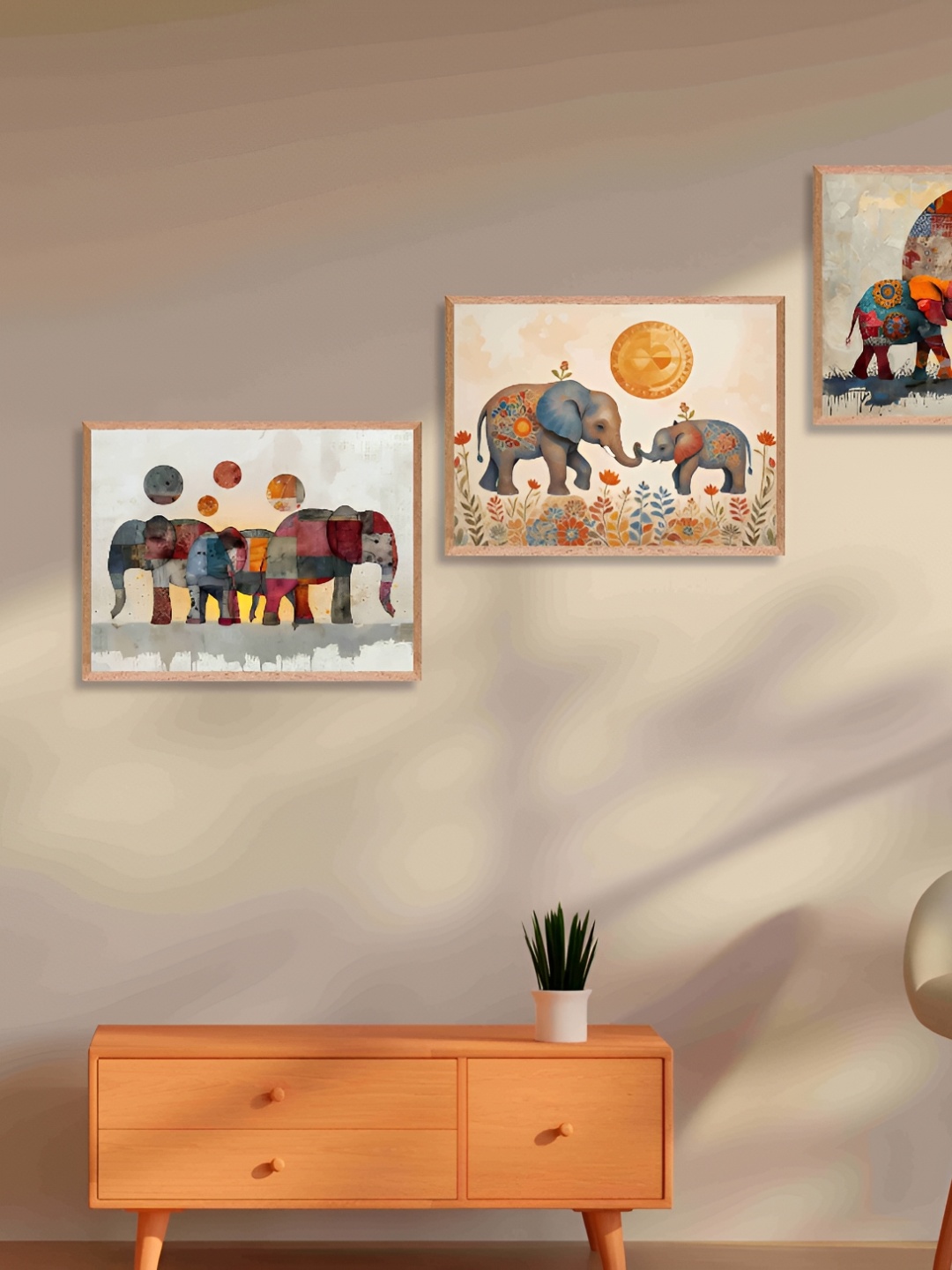 

SAF Beige & Orange 3 Pieces Synthetic Wooden Birds and Animals Paintings Wall Art