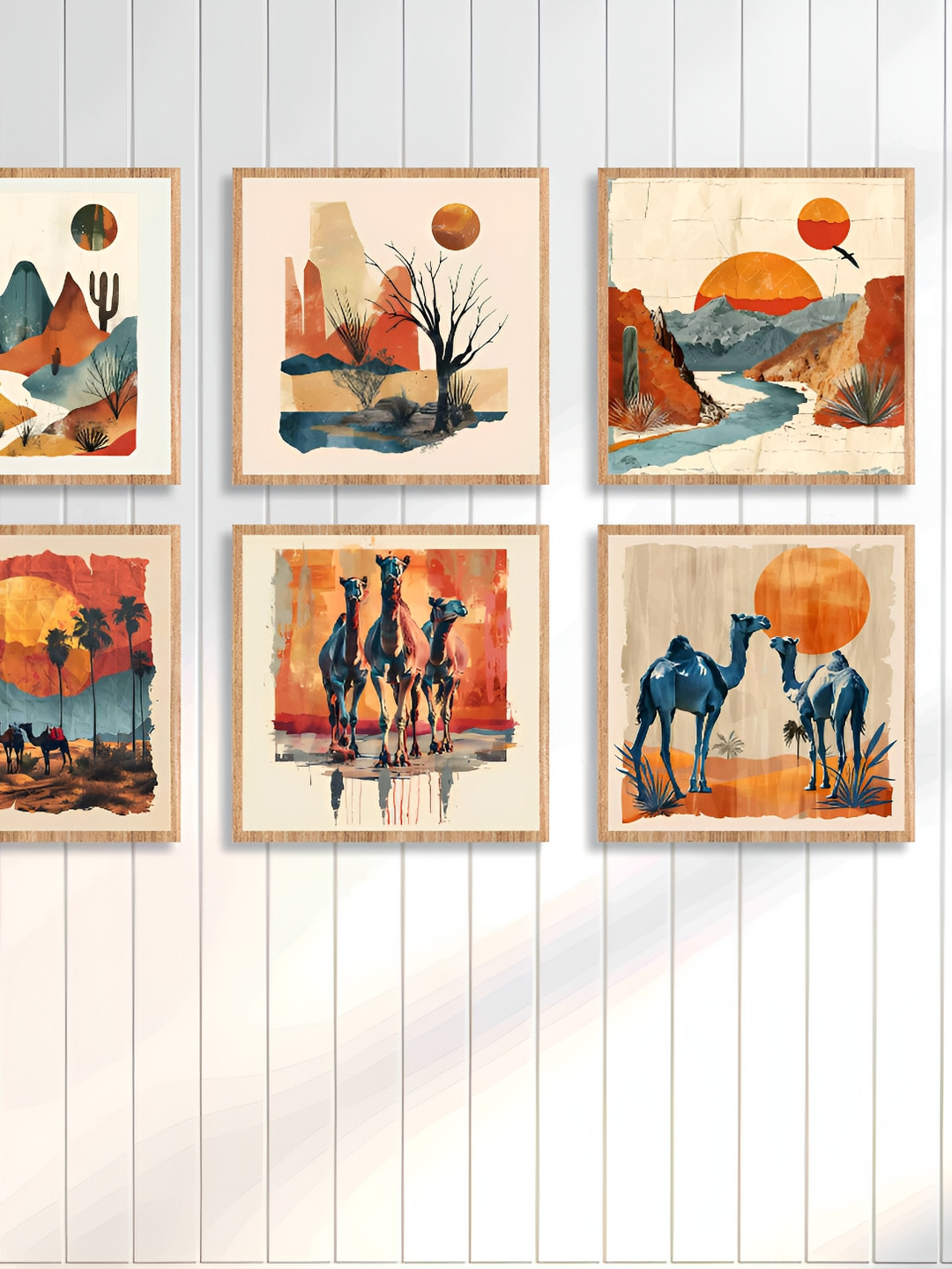 

SAF Beige & Orange 6 Pieces Synthetic Wooden Birds and Animals Paintings Wall Art