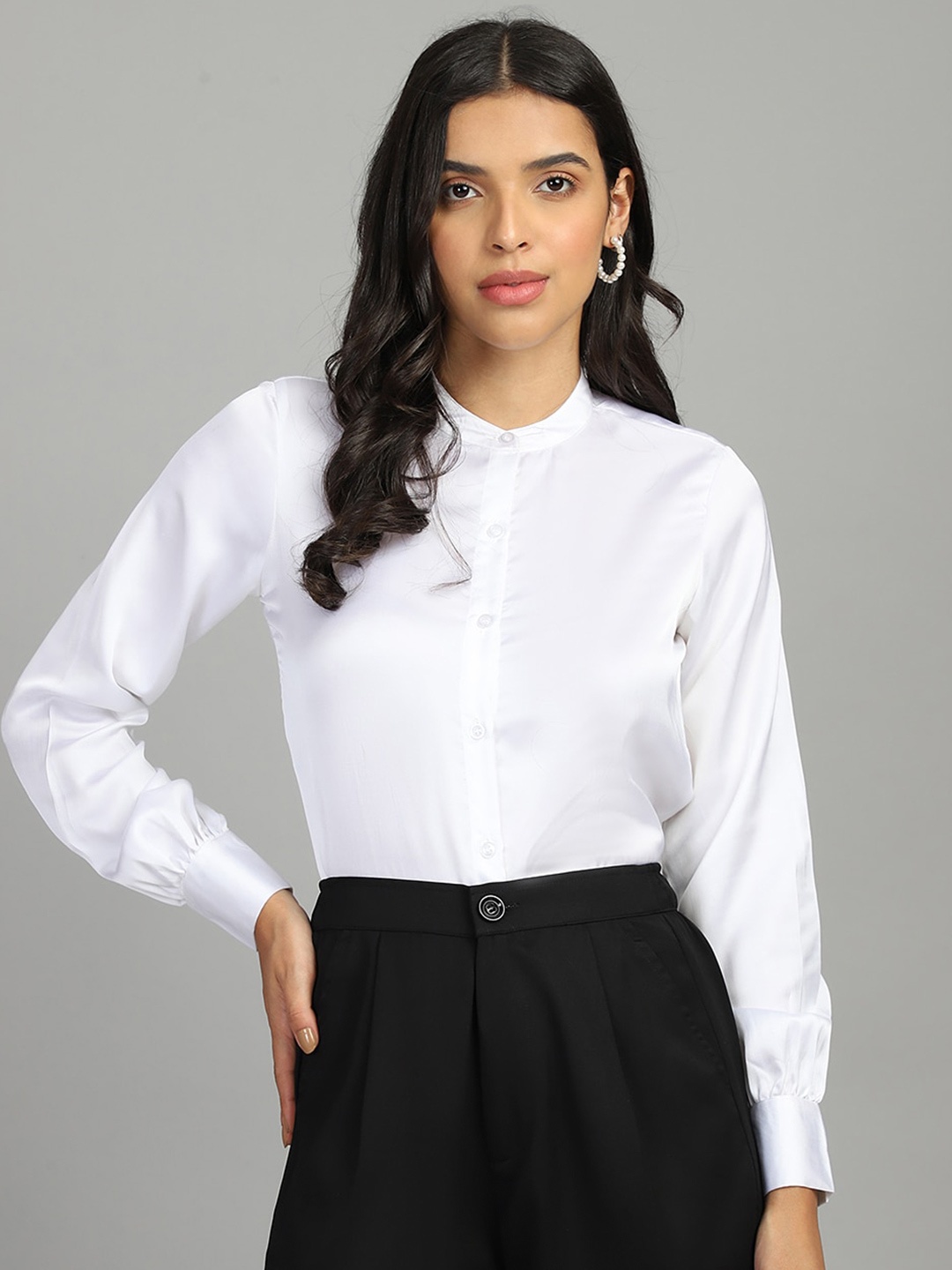 

FITHUB Mandarin Collar Satin Formal Shirt, White