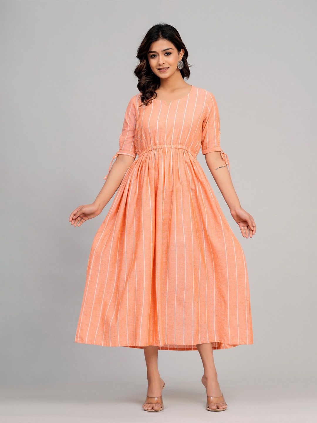 

SARAI CREATIONS Striped Notch Neck Fit & Flare Midi Dress, Orange