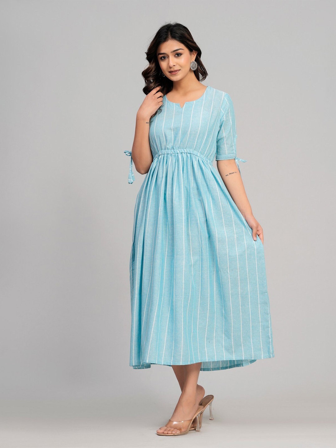 

SARAI CREATIONS Striped Short Sleeves A-Line Midi Dress, Turquoise blue