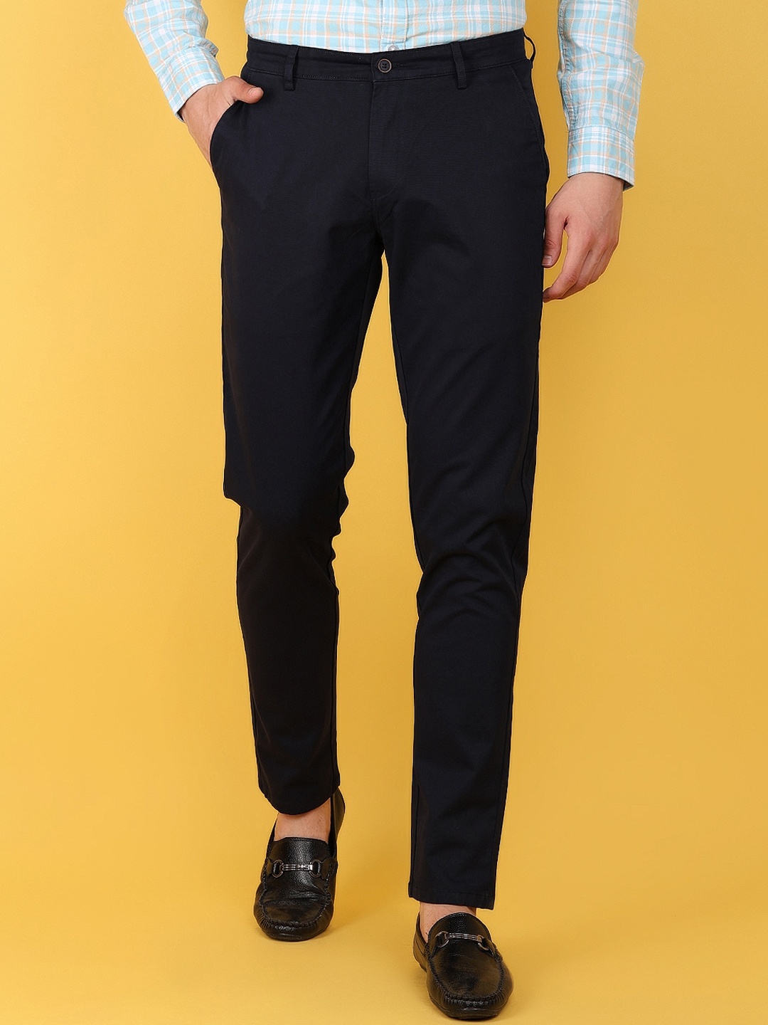 

V-Mart Men Slim Fit Mid-Rise Cotton Plain Regular Trousers Trousers, Blue