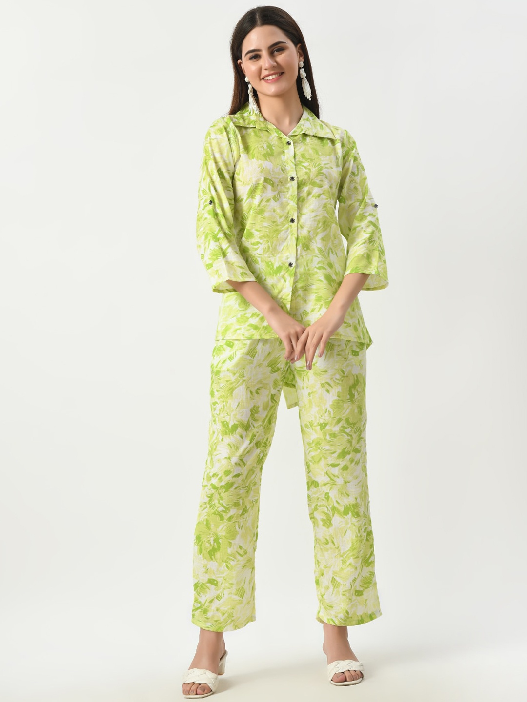 

BAESD Printed Cotton Shirt With Palazzos Co-Ords, Green