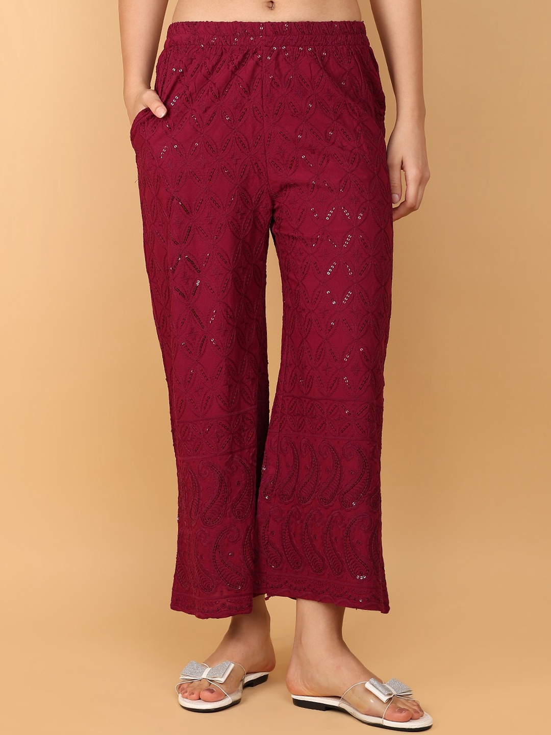 

V-Mart Women Textured Cotton Trousers, Maroon