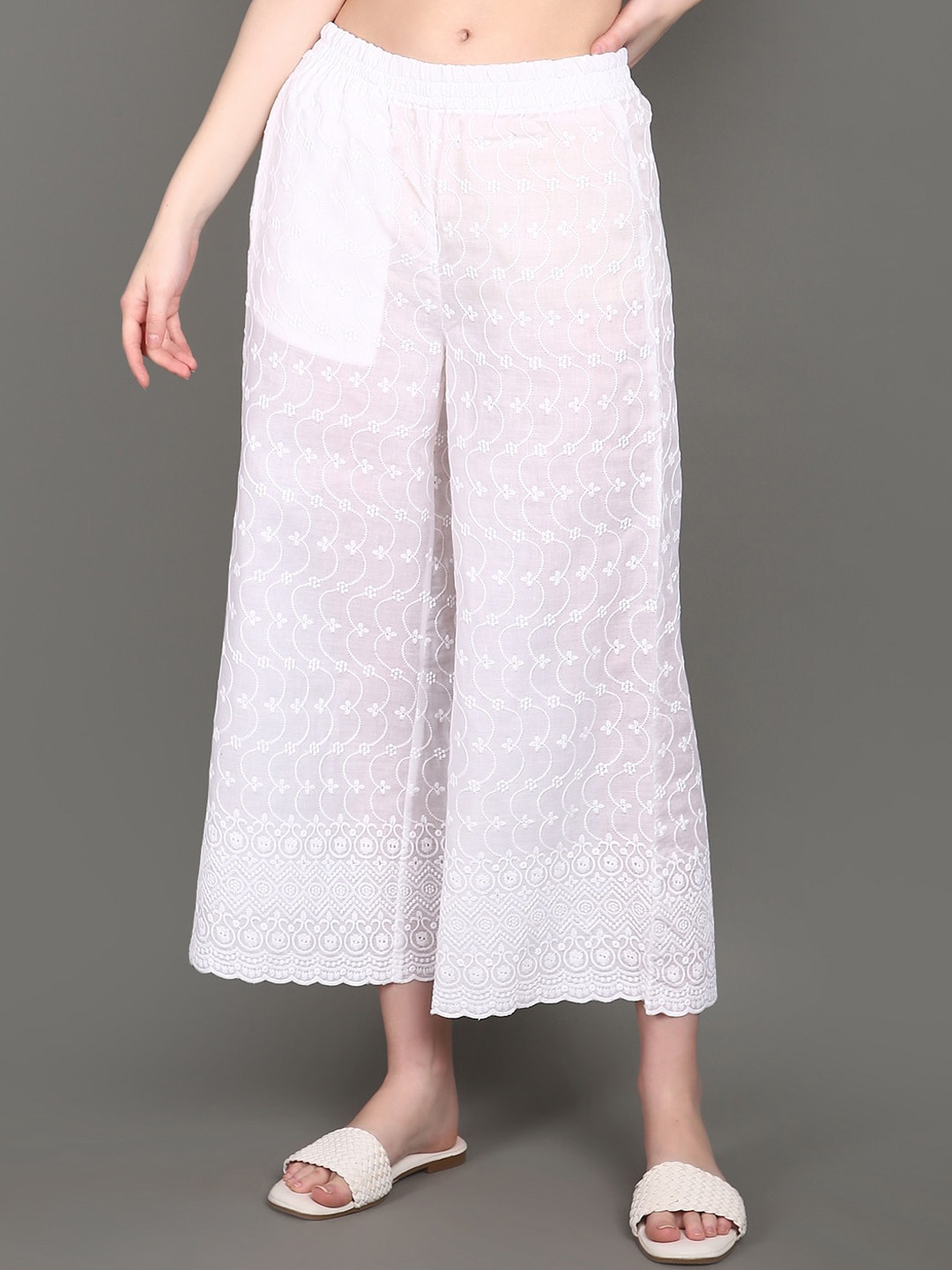 

V-Mart Women Mid Rise Embroidered Cotton Trousers, White