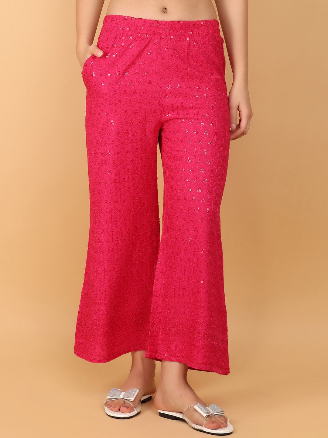 

V-Mart Women Textured Mid-Rise Cotton Parallel Trousers, Fuchsia