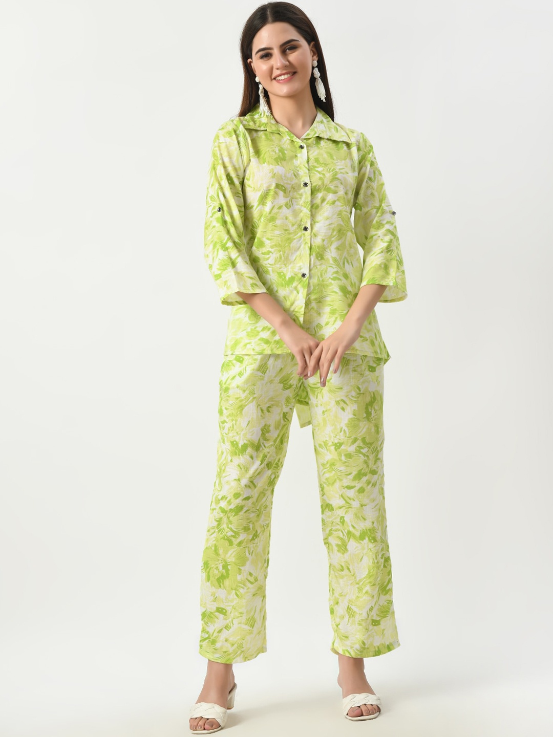 

BAESD Printed Shirt With Palazzos Co-Ords, Green