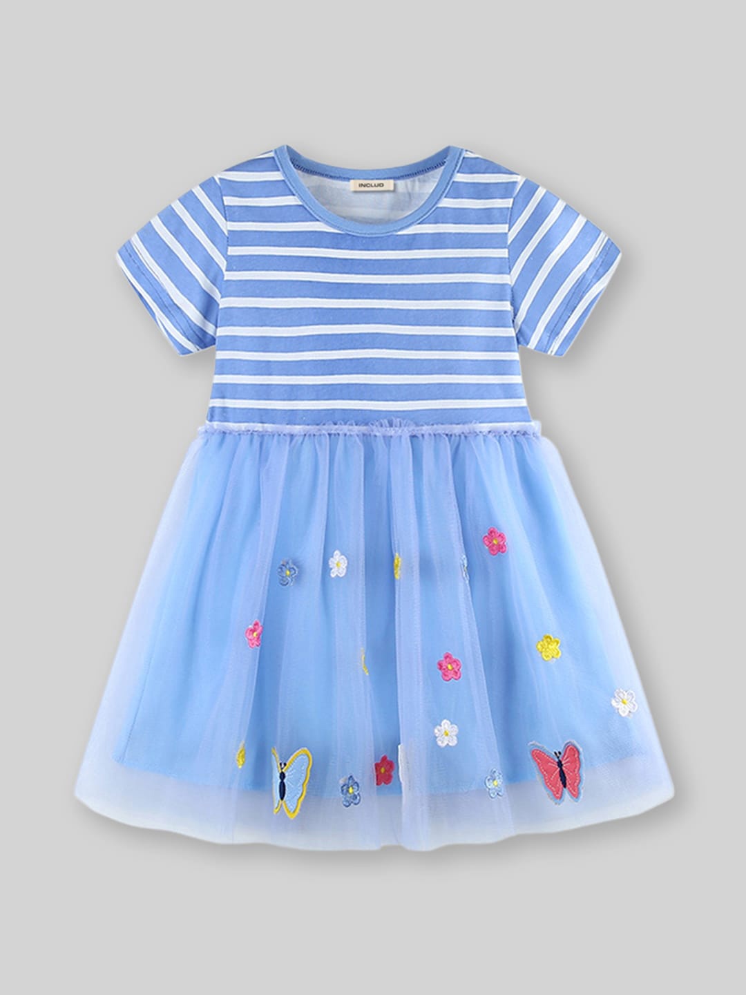 

INCLUD Striped Round Neck Short Sleeves Fit & Flare Dress, Blue