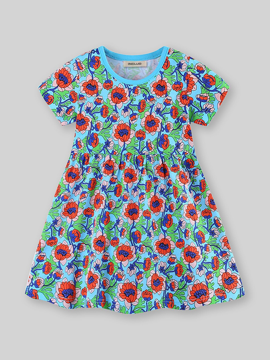 

INCLUD Floral Print Round Neck A-Line Dress, Blue