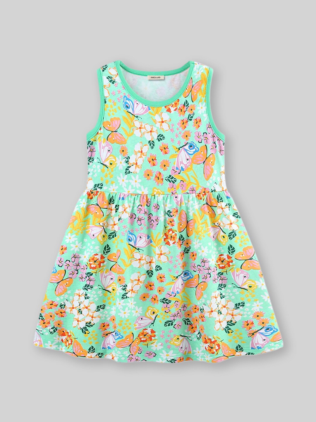 

INCLUD Floral Printed Round Neck Sleeveless Fit & Flare Dress, Green