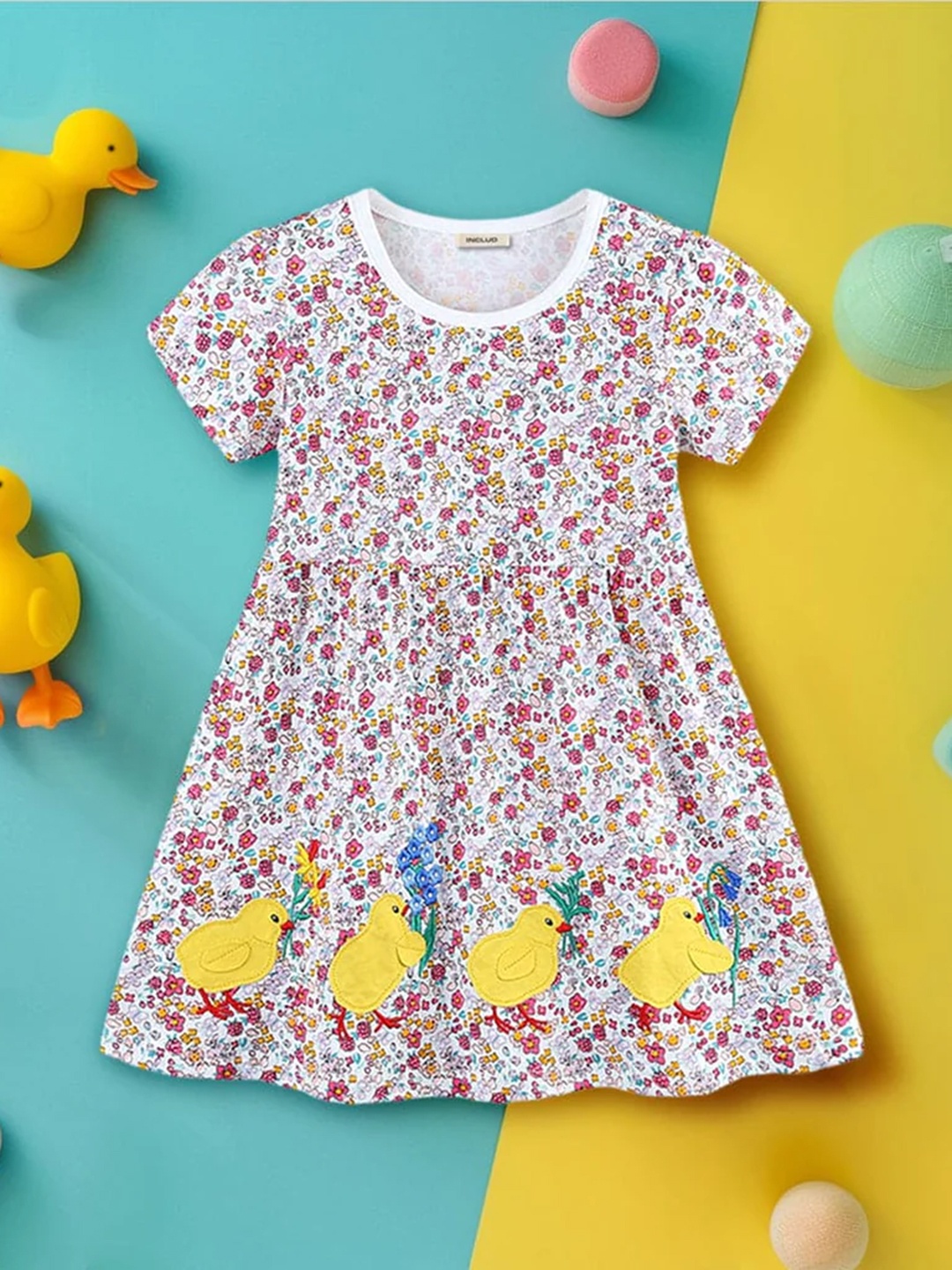 

INCLUD Girls Floral Printed Cotton Fit & Flare Dress, White