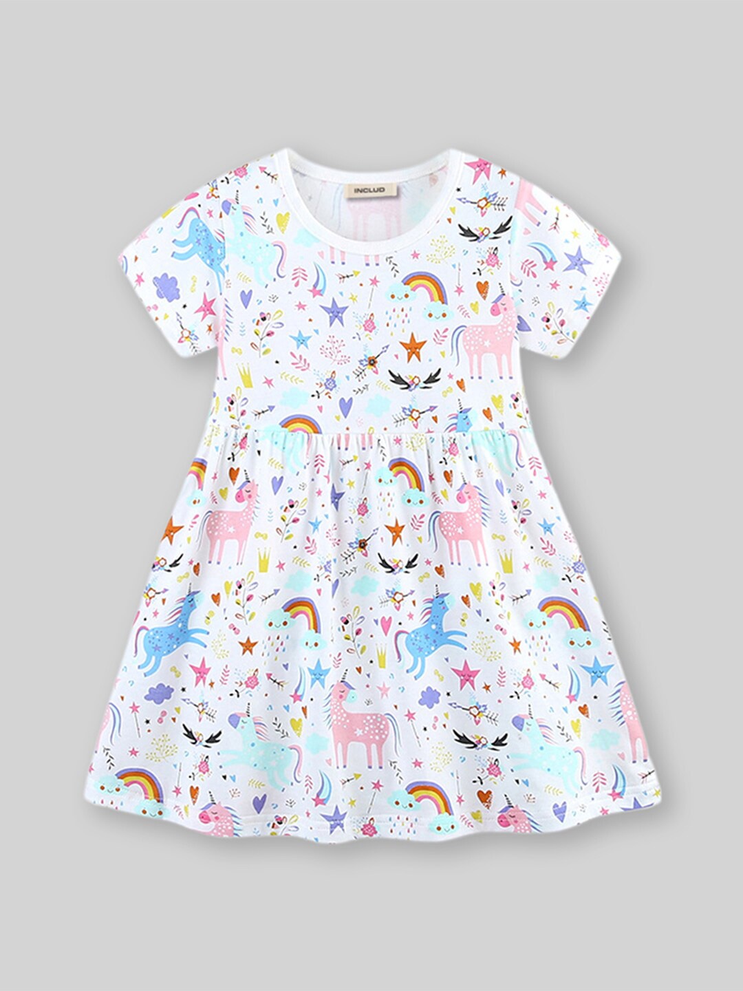 

INCLUD Printed Round Neck Short Sleeves A-Line Dress, White