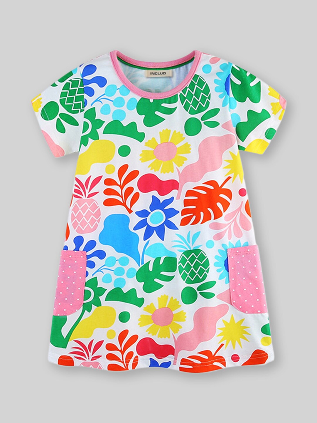

INCLUD Floral Printed Round Neck Short Sleeves A-Line Dress, White