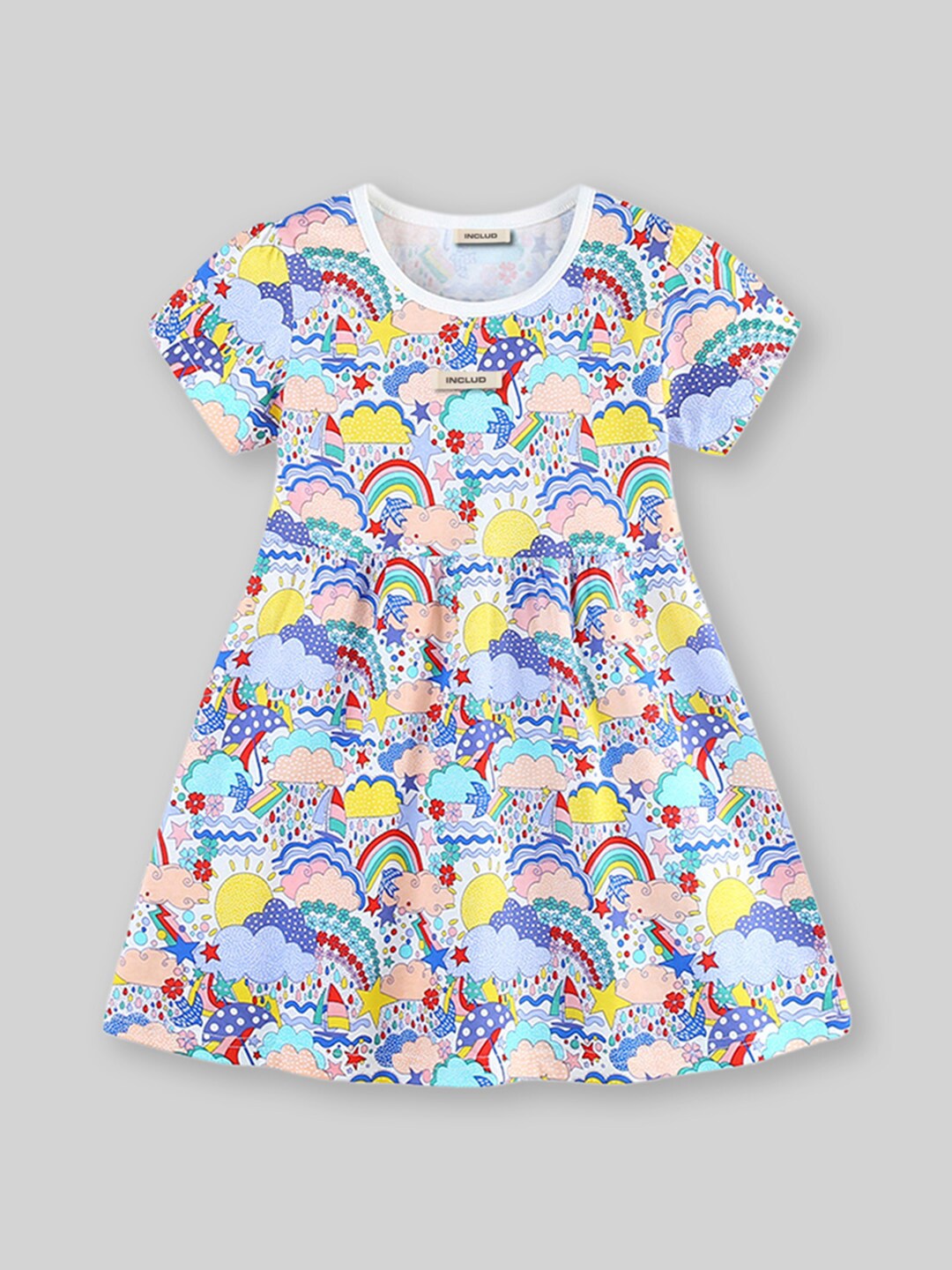 

INCLUD Printed Round Neck Short Sleeves A-Line Dress, Blue