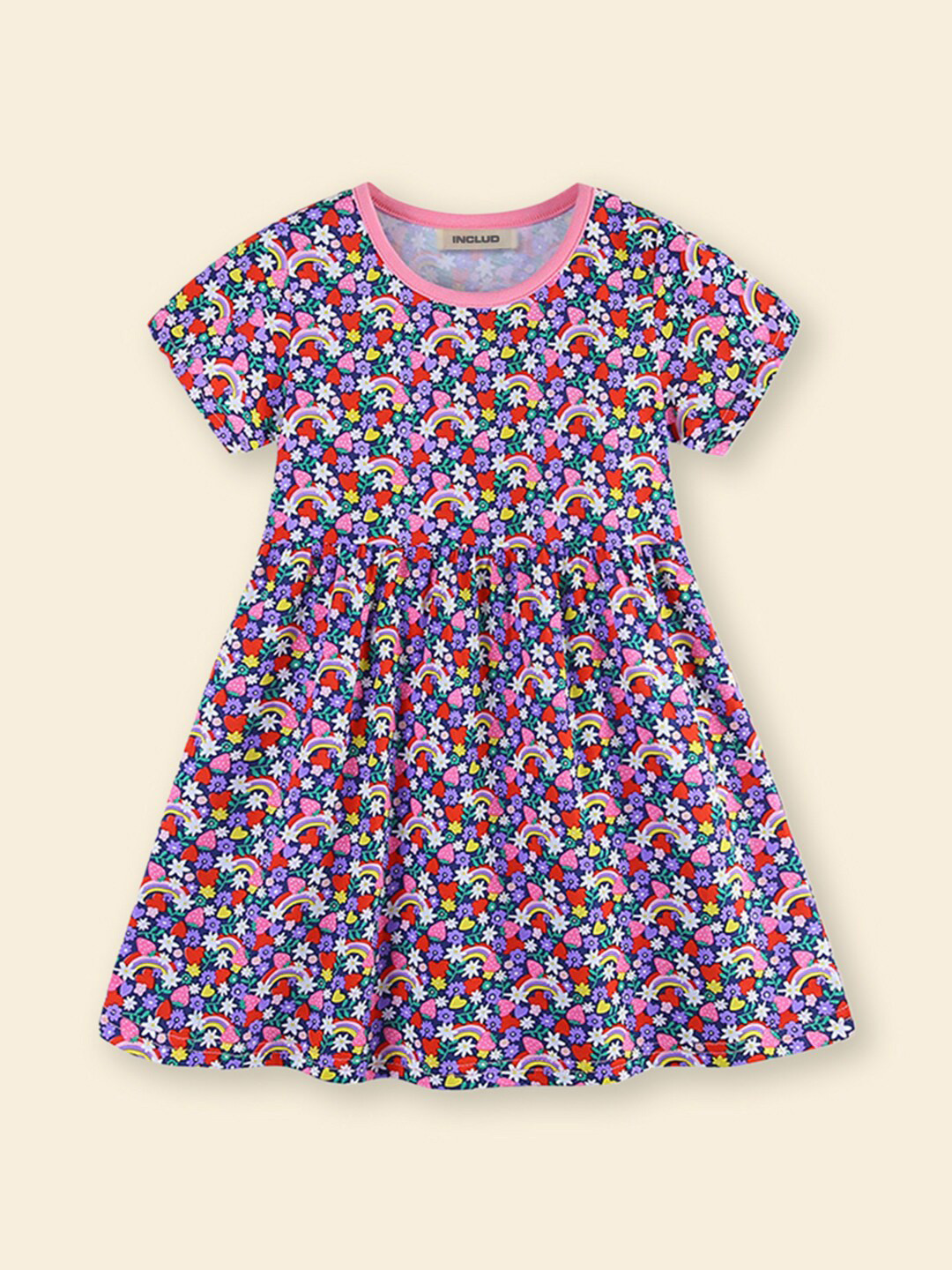 

INCLUD Floral Printed Round Neck Short Sleeves Fit & Flare Dress, Pink
