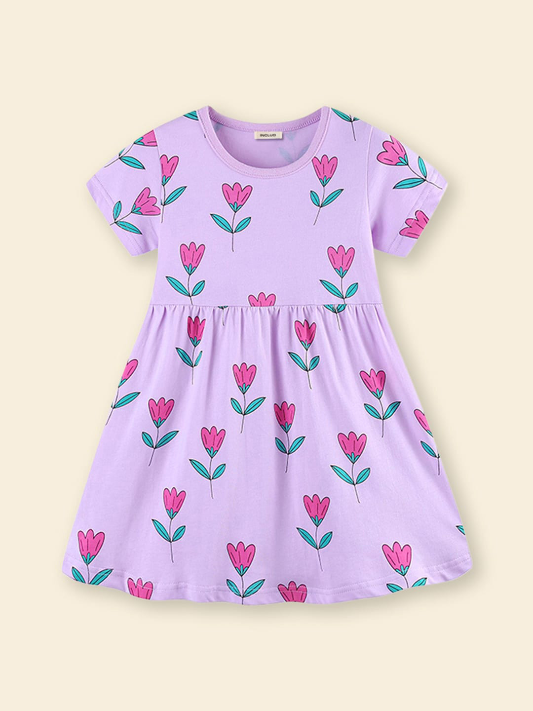 

INCLUD Printed Round Neck Short Sleeves Fit & Flare Dress, Purple