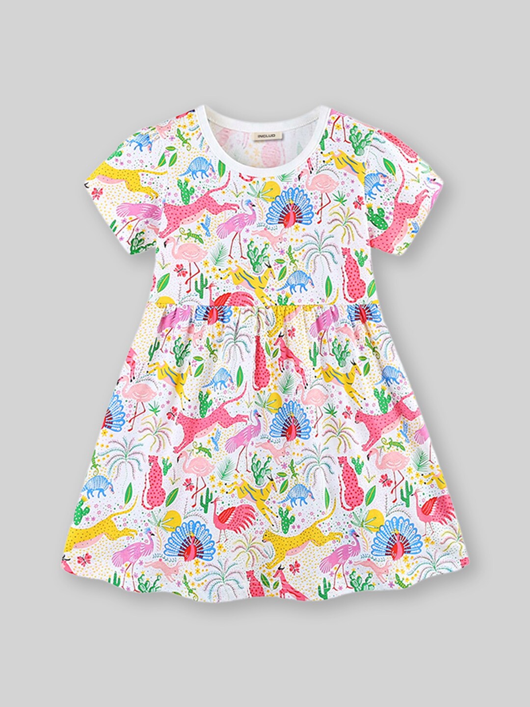 

INCLUD Floral Printed Round Neck Short Sleeves A-Line Dress, White