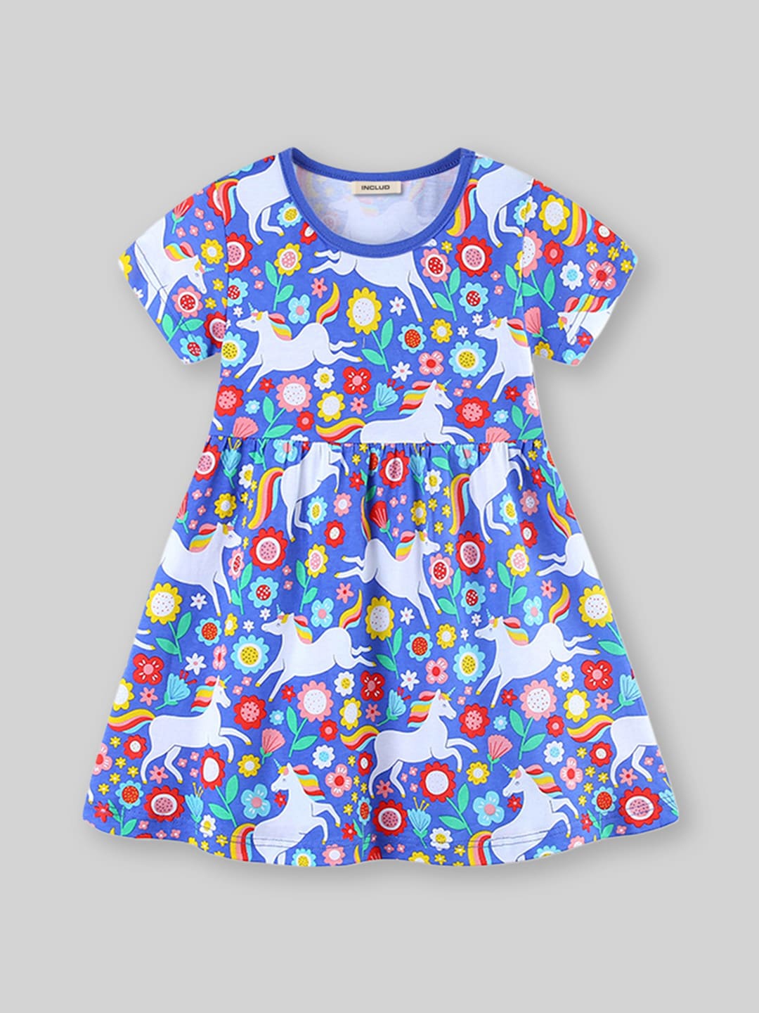 

INCLUD Floral Printed Round Neck Short Sleeves Fit & Flare Dress, Blue