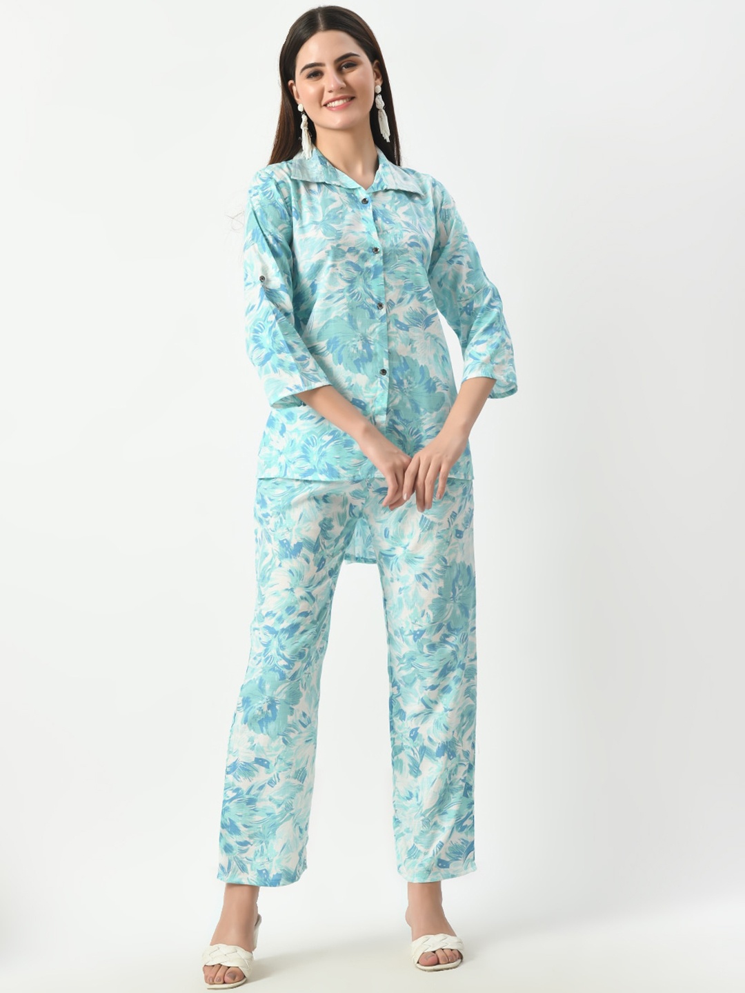

BAESD Printed Shirt With Palazzos Co-Ords, Blue