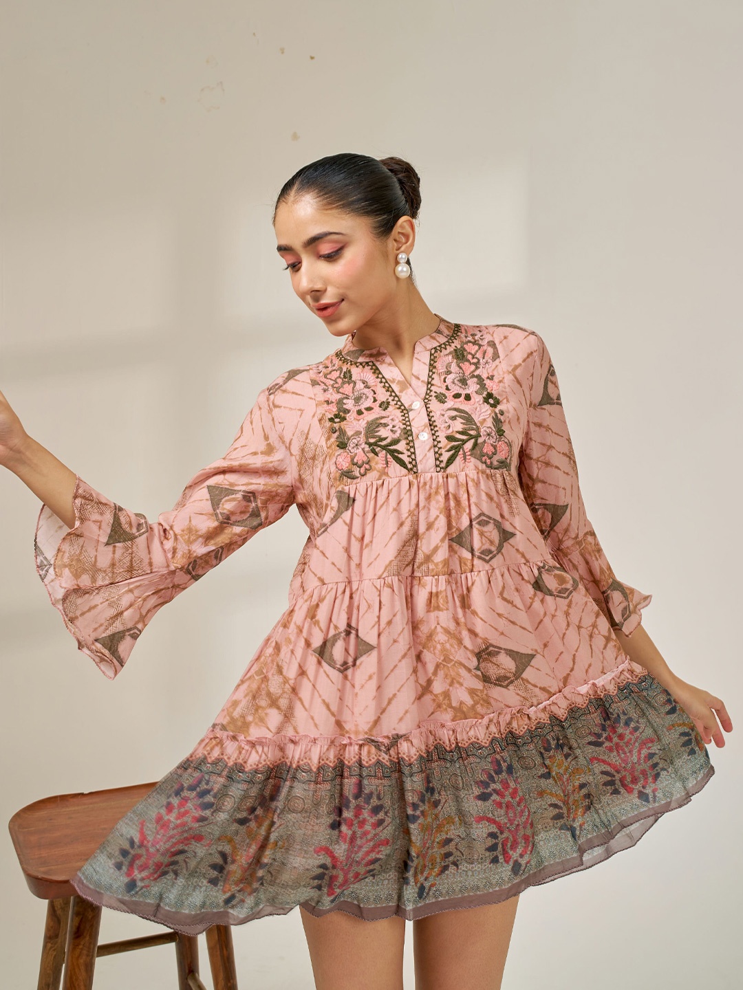 

Alaya By Stage3 Floral Embroidered Mandarin Collar Bell Sleeves Cotton Fit and Flare Dress, Pink
