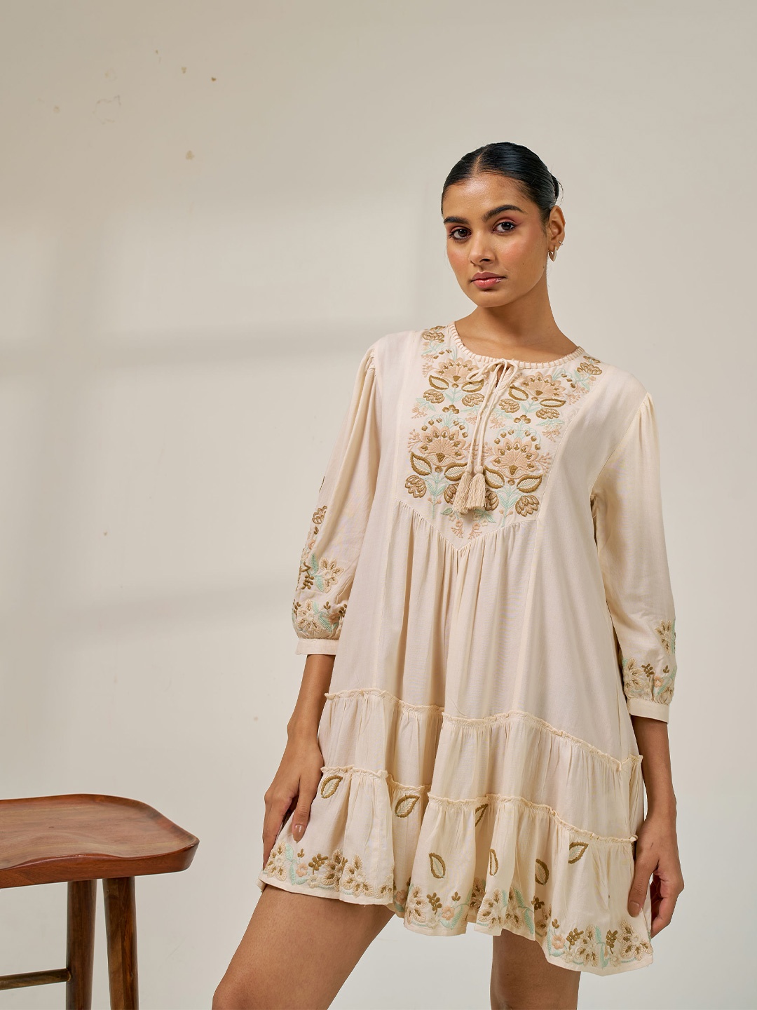

Alaya By Stage3 Embroidered Ethnic Motifs Puff Sleeve A-Line Dress, Beige