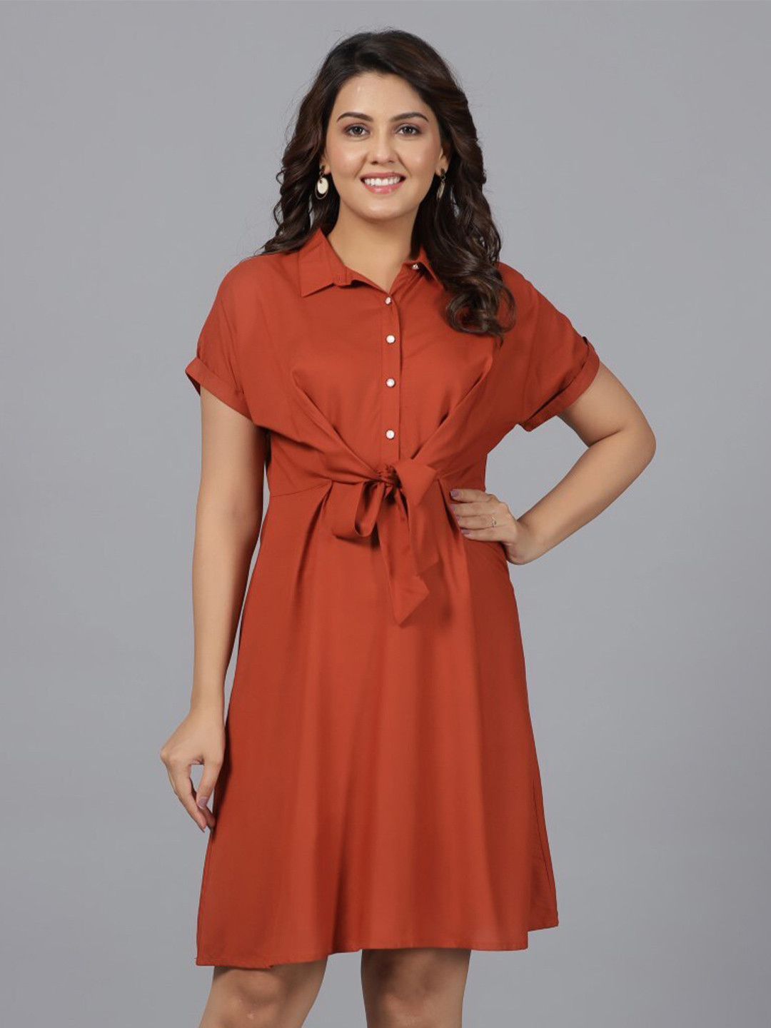 

Juniper Shirt Collar Roll-Up Sleeves Tie-Ups A-Line Dress, Rust