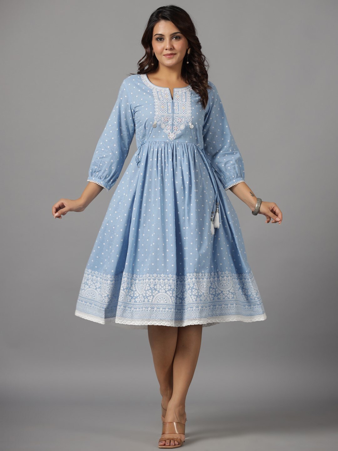 

Juniper Ethnic Motifs Printed Embroidered Puff Sleeves Cotton Empire Dress, Blue