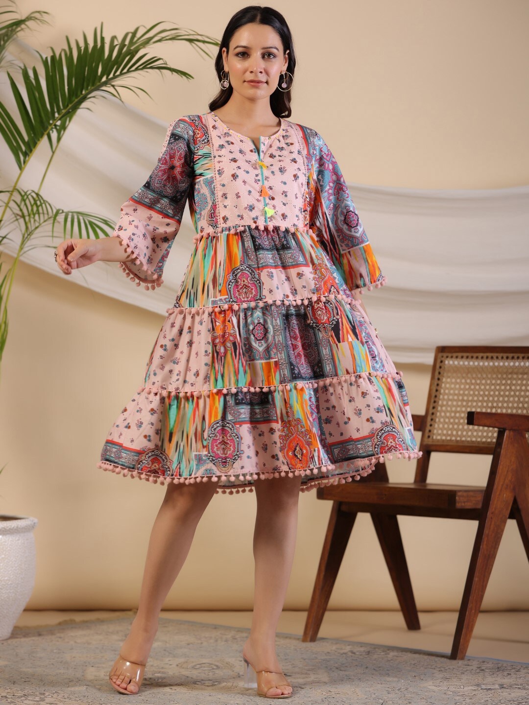 

Juniper Floral Printed Bell Sleeves Cotton Lace Inserts Fit & Flare Dress, Pink