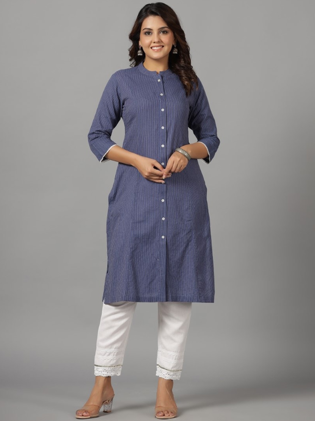 

Juniper Striped Mandarin Collar Straight Kurta, Navy blue