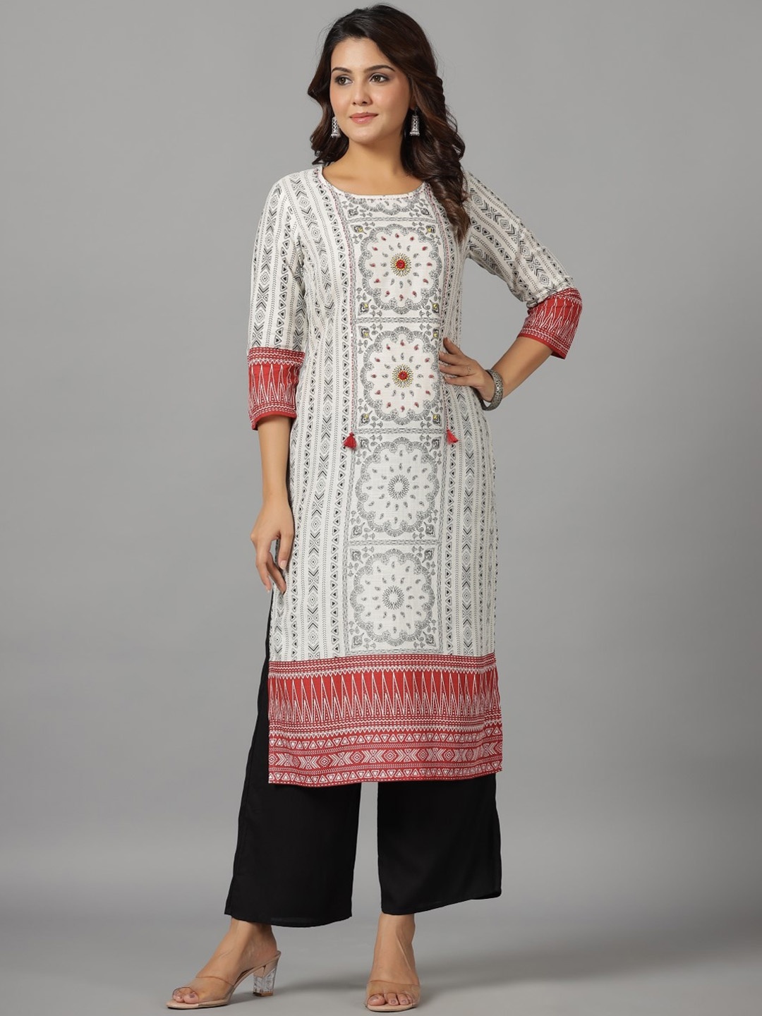 

Juniper Geometric Printed Round Neck Three-Quarter Sleeves Liva Kurta, White