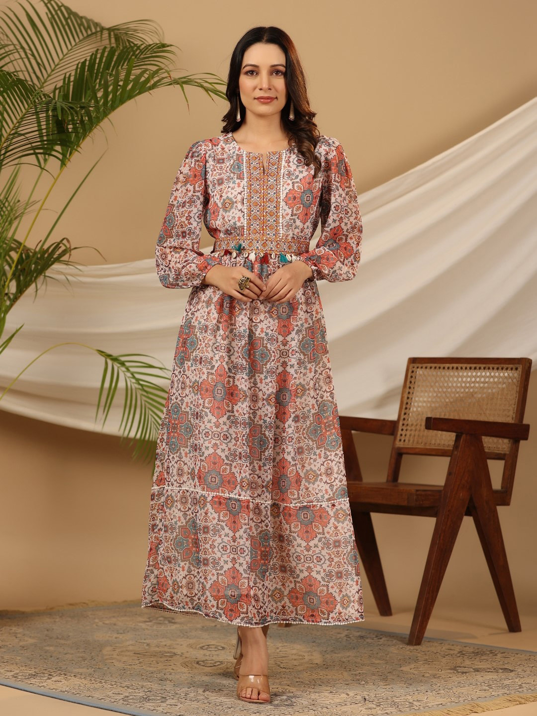 

Juniper Ethnic Motifs Printed Embroidered Balloon Sleeves A-Line Maxi Dress, Off white