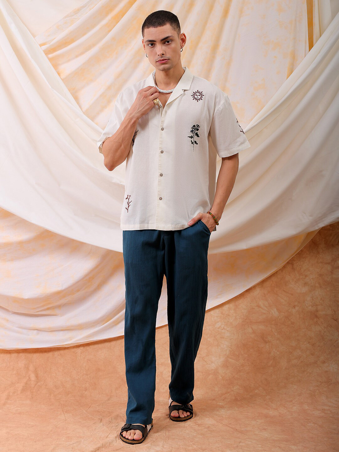 

The Indian Garage Co Off White Relaxed Fit Floral Embroidered Cuban Collar Cotton Shirt