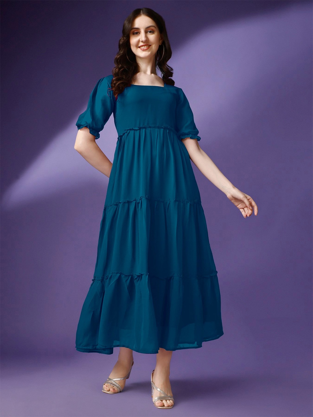 

Femvy Square Neck Puff Sleeves Georgette Tiered Maxi Dress, Blue