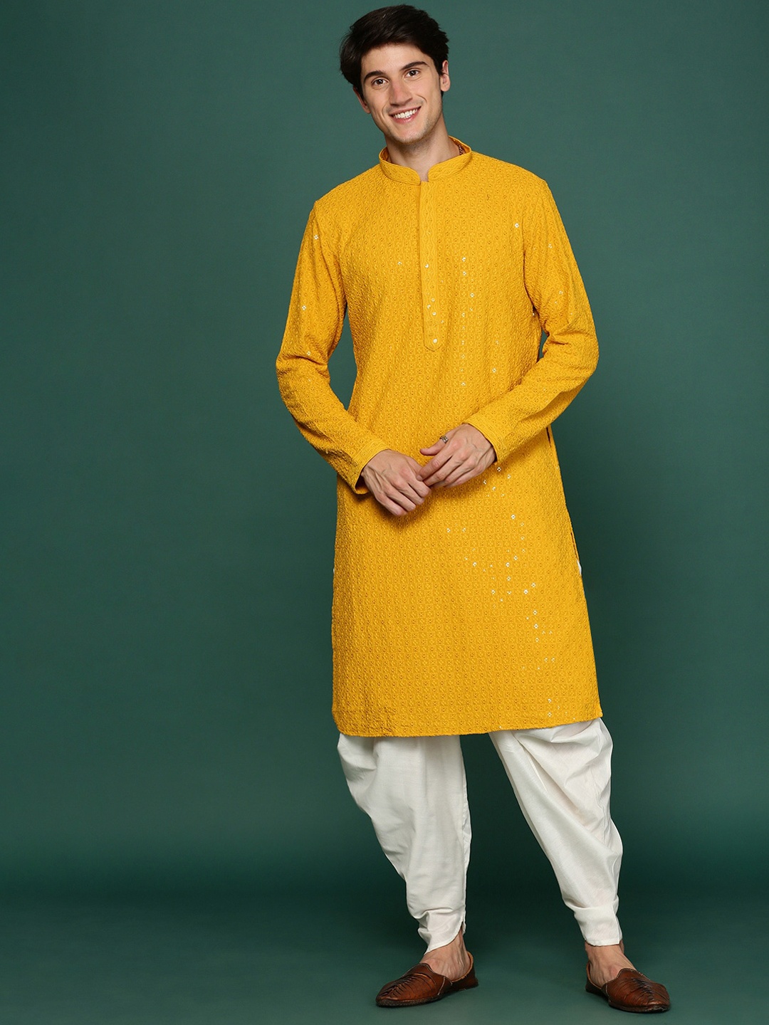 

Sangria Sequin Embroidered Straight Kurta With Dhoti Pant, Mustard