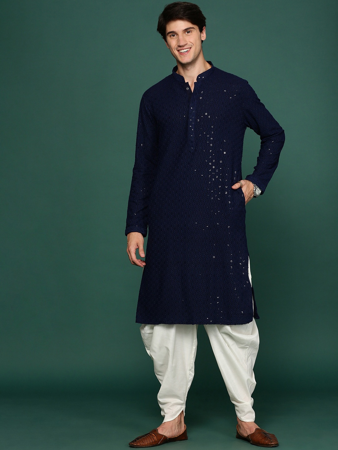 

Sangria Sequin Embroidered Straight Kurta With Dhoti Pant, Navy blue