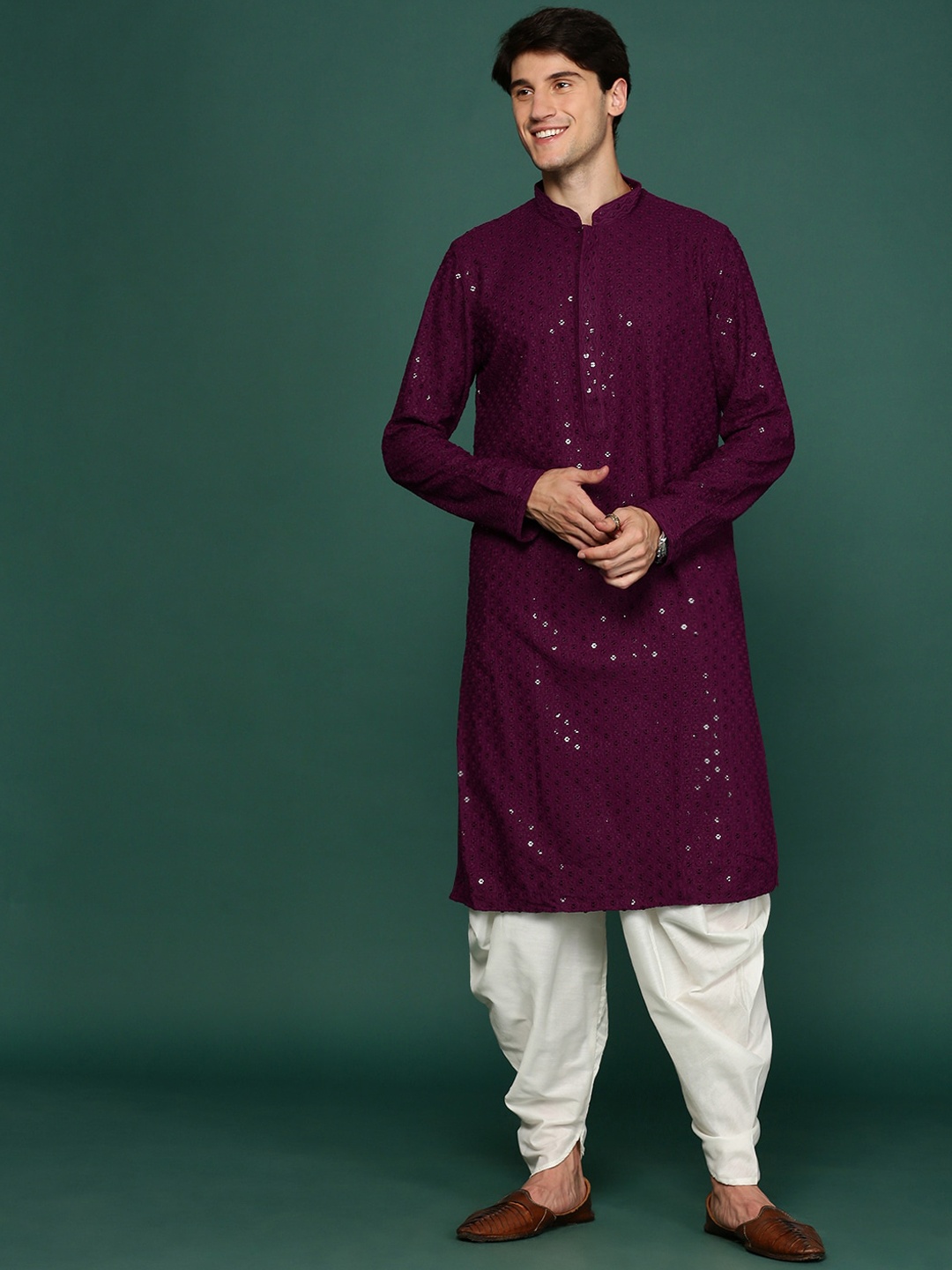 

Sangria Sequin Embroidered Mandarin Collar Straight Kurta With Dhoti Pant, Purple