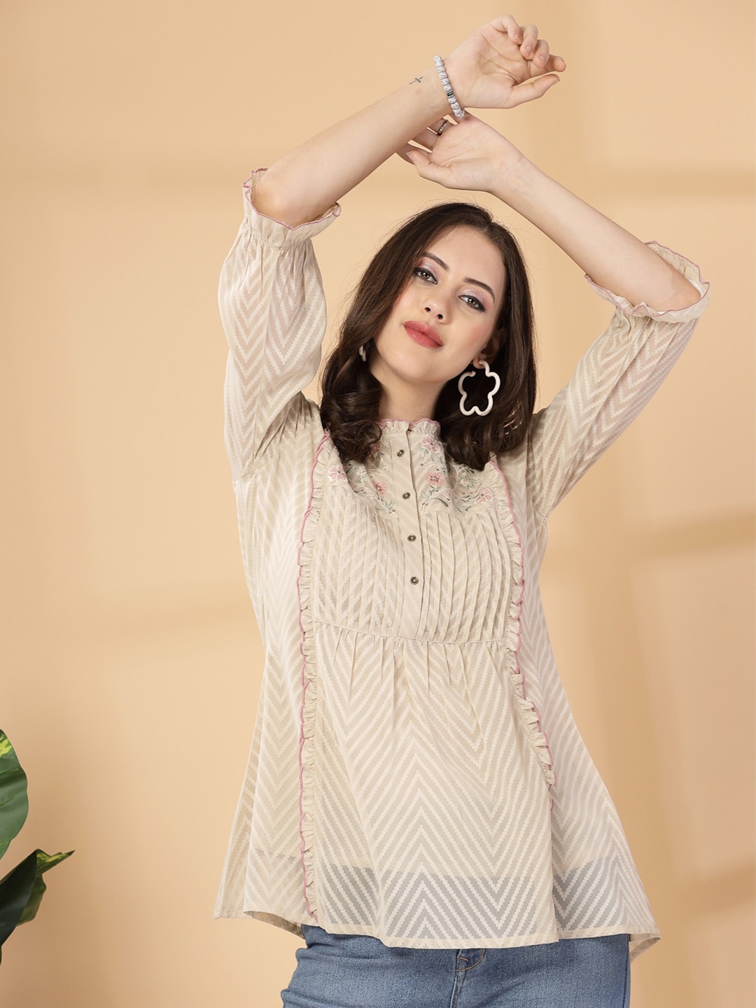 

Nayam By Lakshita Floral Embroidered Puff Sleeves Top, Cream